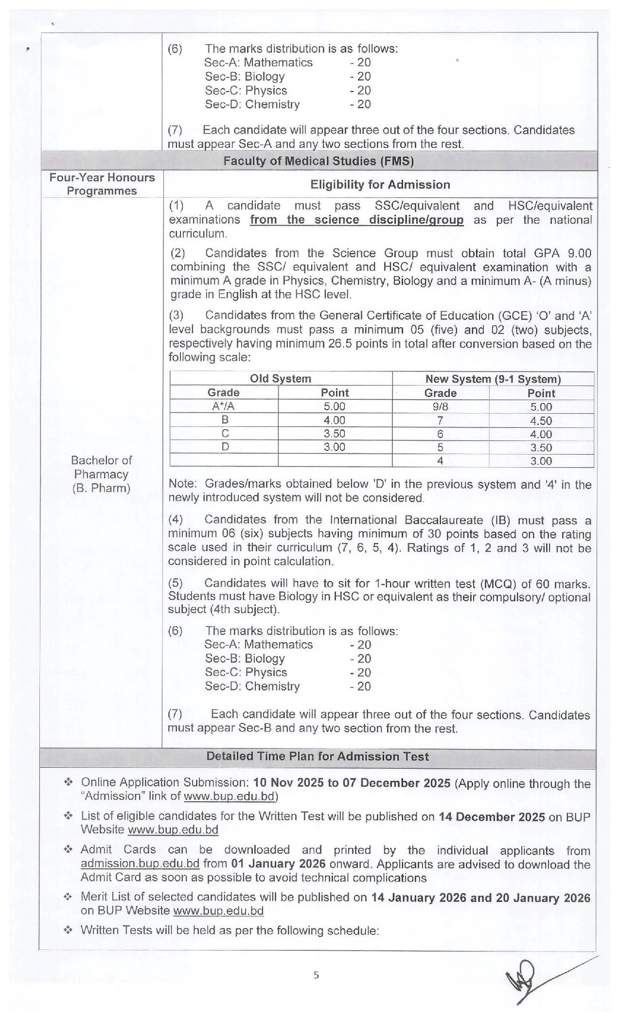 BUP Revised Admission Circular 2026-5